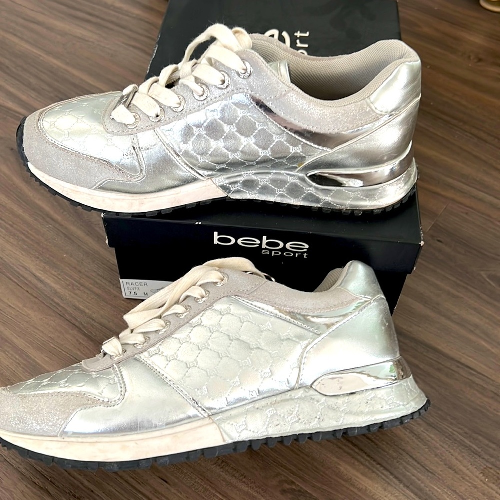 Bebe silver synthetic leather Bebe Sport tennis shoes like new